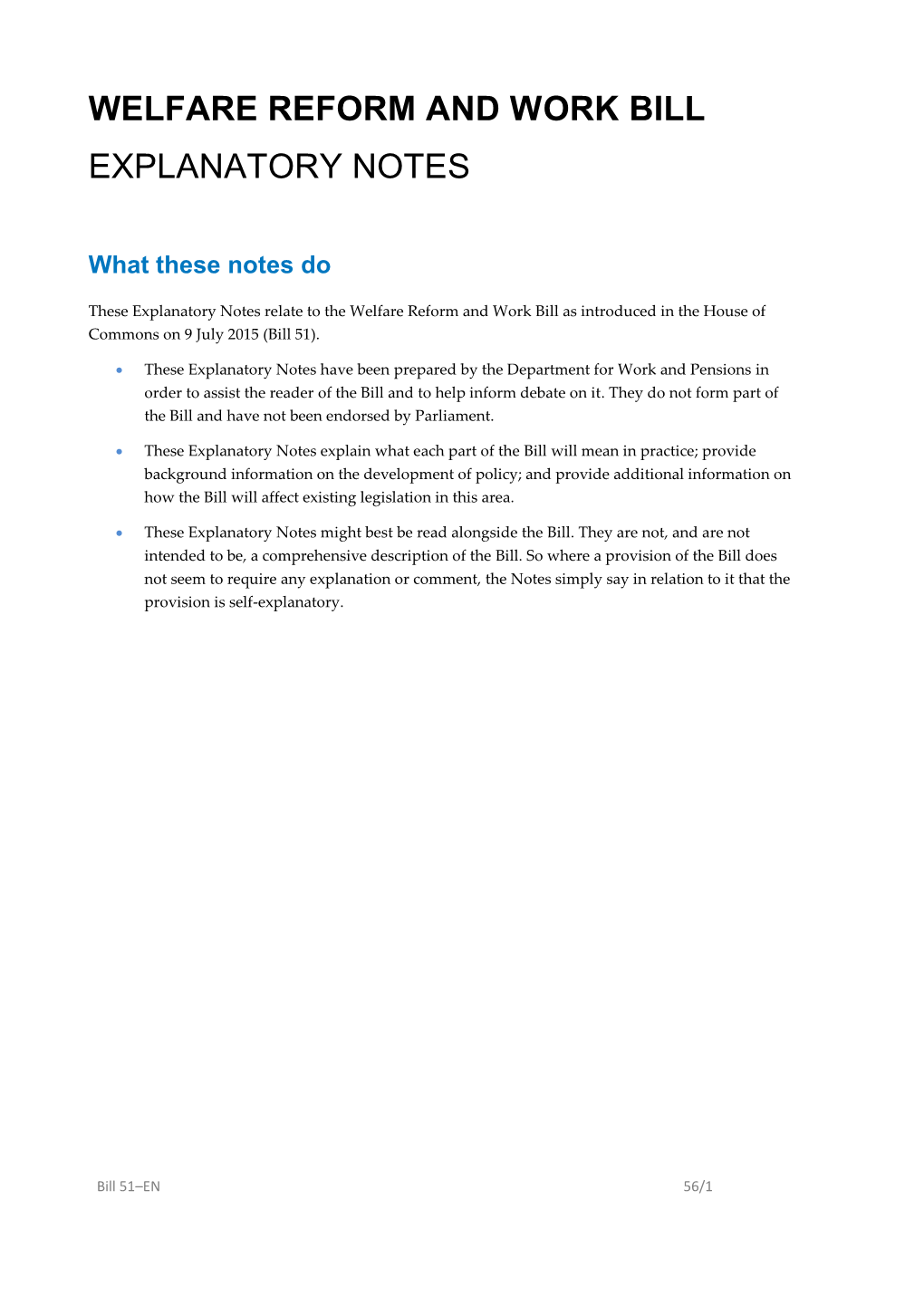 Welfare Reform and Work Bill Explanatory Notes