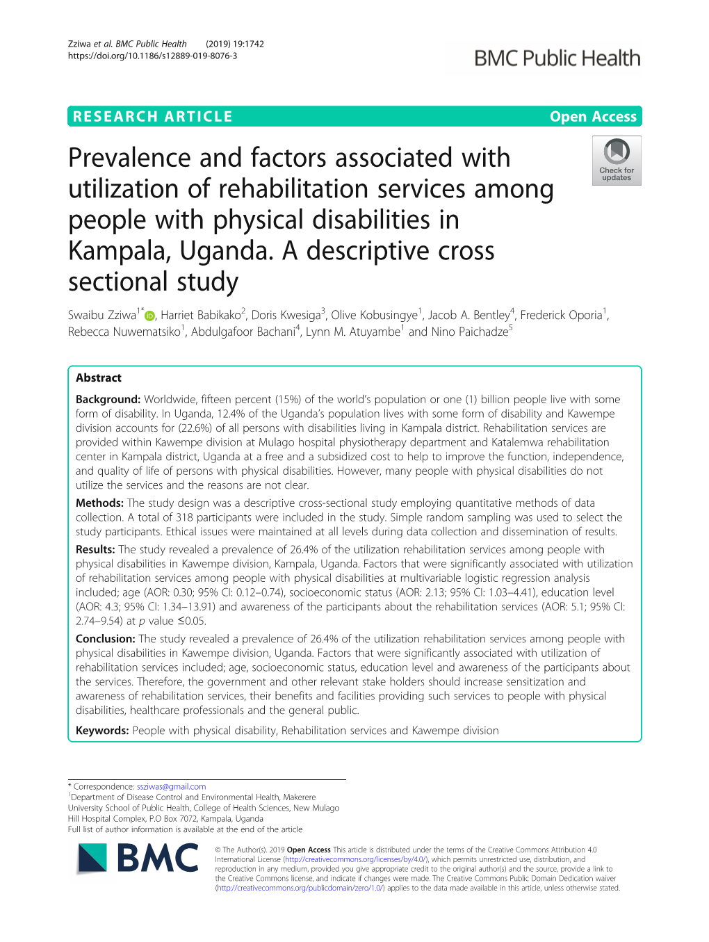 Prevalence and Factors Associated with Utilization of Rehabilitation Services Among People with Physical Disabilities in Kampala, Uganda