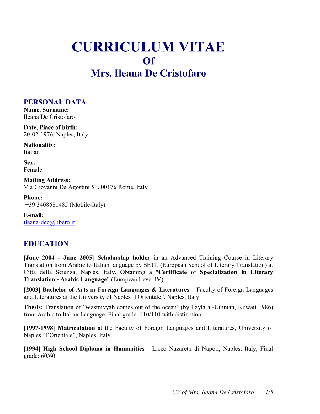 To Download Full CV of Ileana De Cristofaro