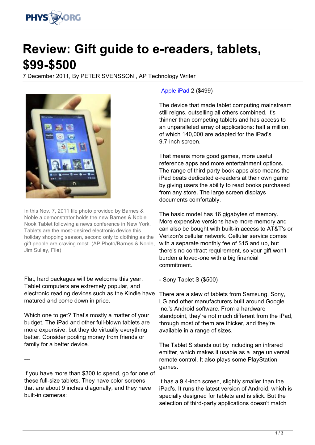 Review: Gift Guide to E-Readers, Tablets, $99-$500 7 December 2011, by PETER SVENSSON , AP Technology Writer
