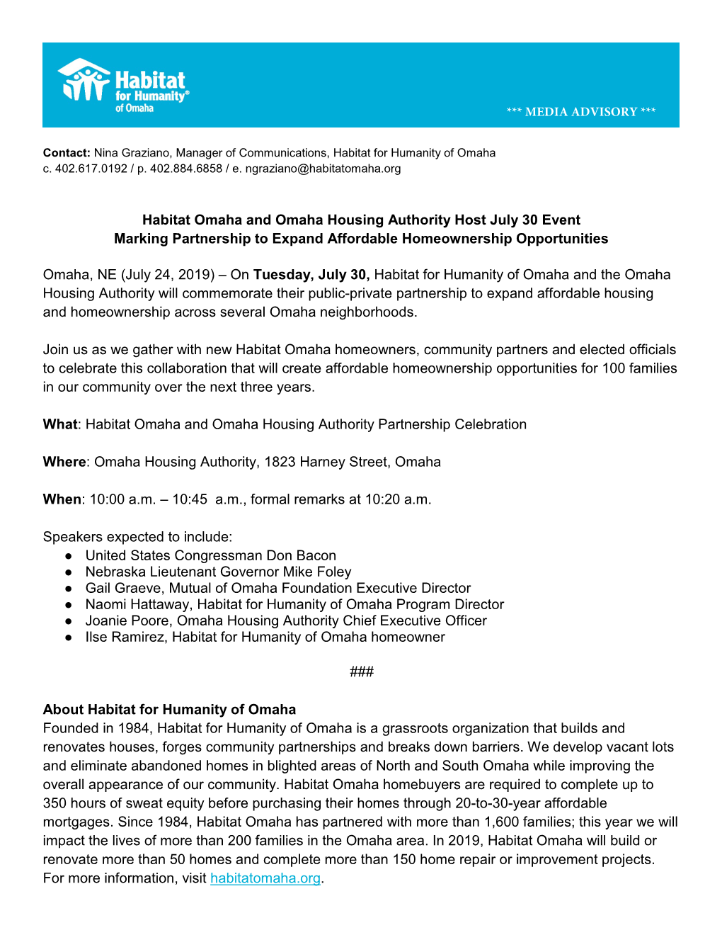 Habitat Omaha and Omaha Housing Authority Host July 30 Event Marking Partnership to Expand Affordable Homeownership Opportunities