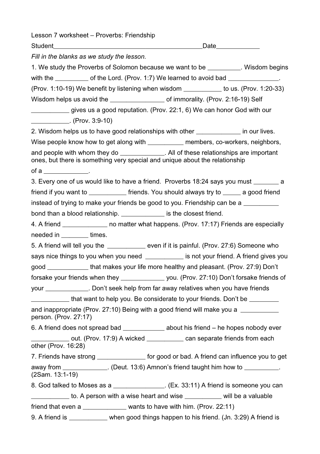 Lesson 7 Worksheet Proverbs: Friendship