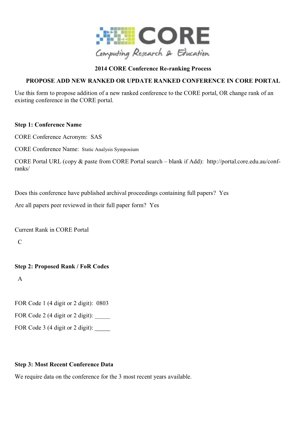 2014 CORE Conference Re-Ranking Process PROPOSE ADD NEW