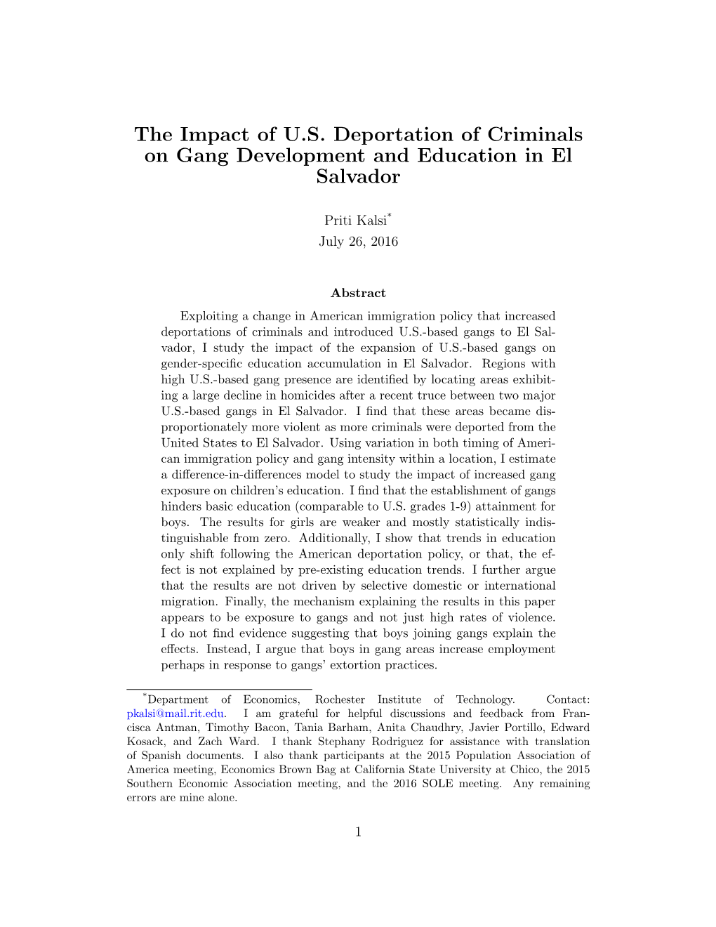 The Impact of U.S. Deportation of Criminals on Gang Development and Education in El Salvador