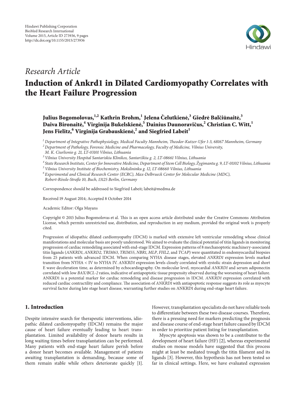 Induction of Ankrd1 in Dilated Cardiomyopathy Correlates with the Heart Failure Progression
