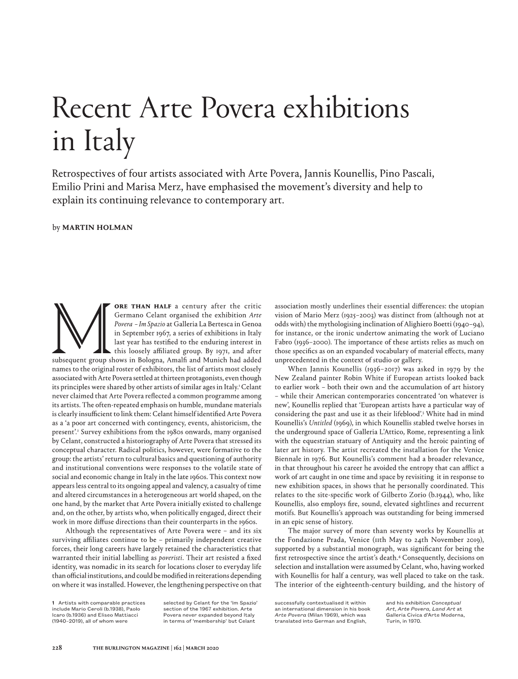 Recent Arte Povera Exhibitions in Italy