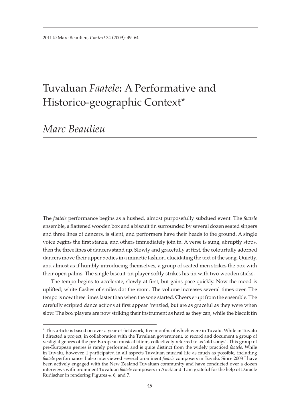 Tuvaluan Faatele: a Performative and Historico-Geographic Context* Marc Beaulieu