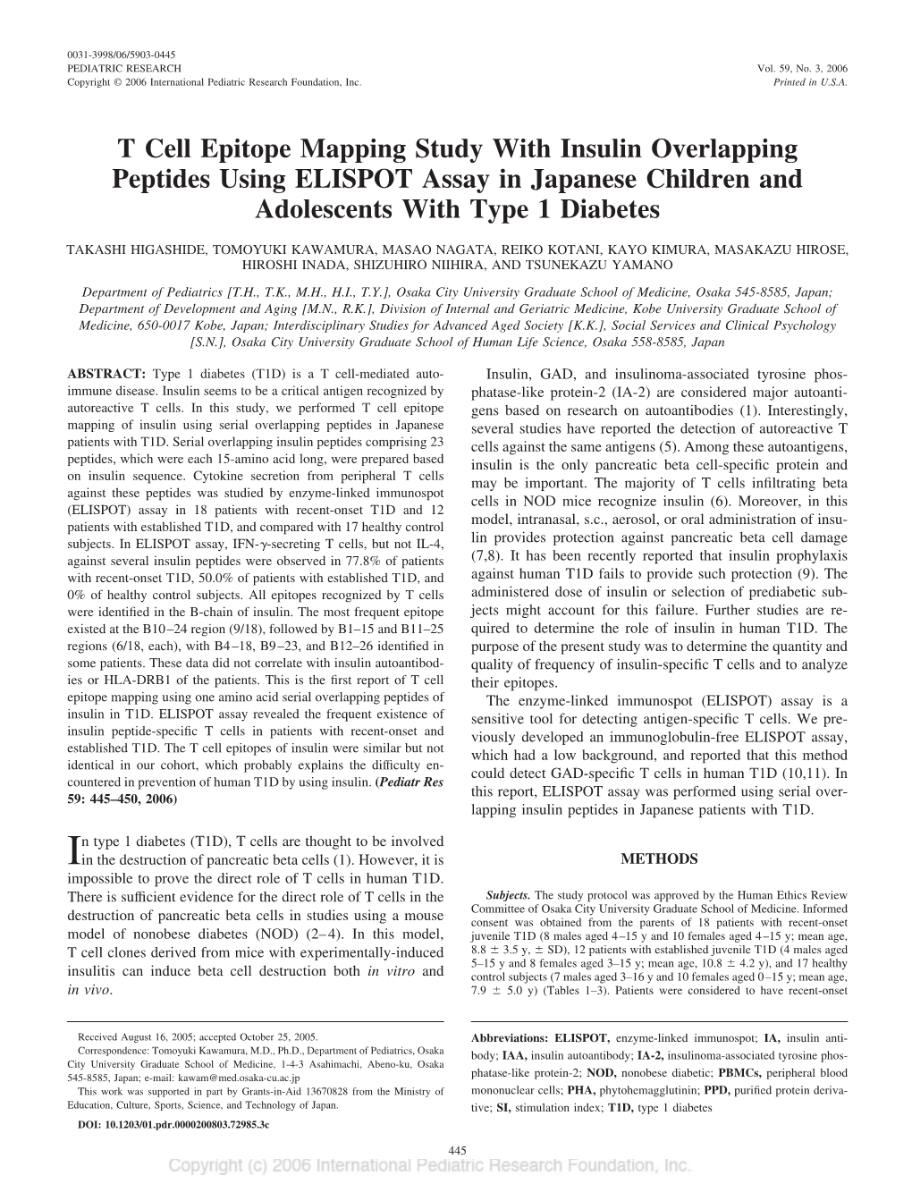 T Cell Epitope Mapping Study with Insulin Overlapping Peptides Using ELISPOT Assay in Japanese Children and Adolescents with Type 1 Diabetes