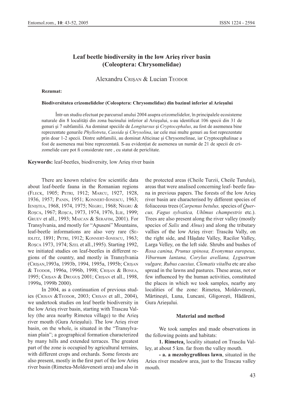 Leaf Beetle Biodiversity in the Low Arieş River Basin (Coleoptera: Chrysomelidae)