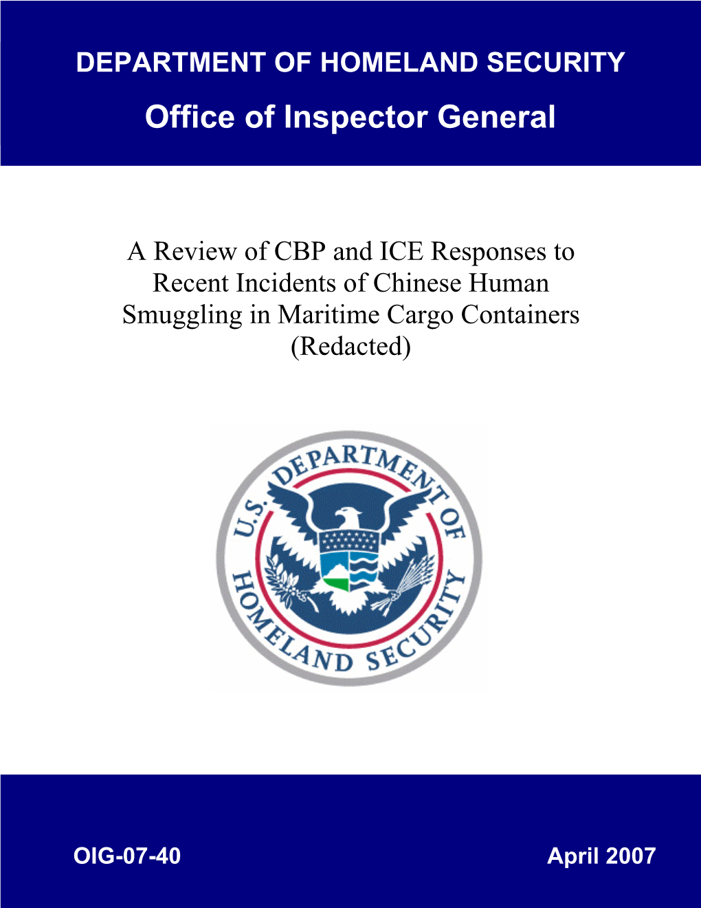 A Review of CBP and ICE Responses to Recent Incidents of Chinese Human Smuggling in Maritime Cargo Containers (Redacted)