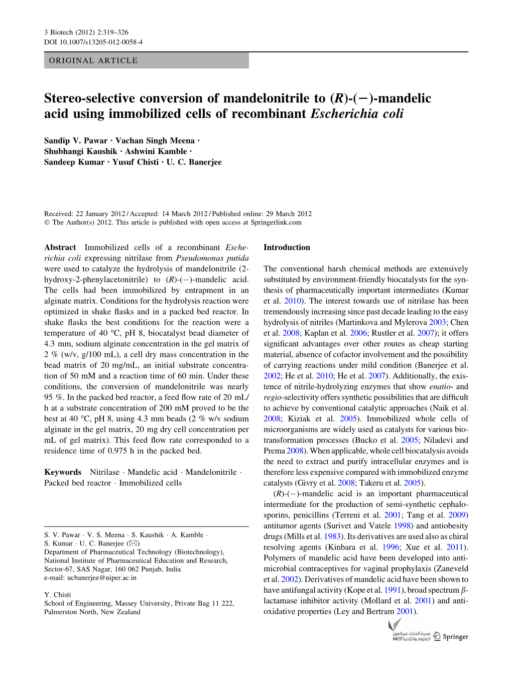 Stereo-Selective Conversion of Mandelonitrile to (R)-(2)-Mandelic Acid Using Immobilized Cells of Recombinant Escherichia Coli