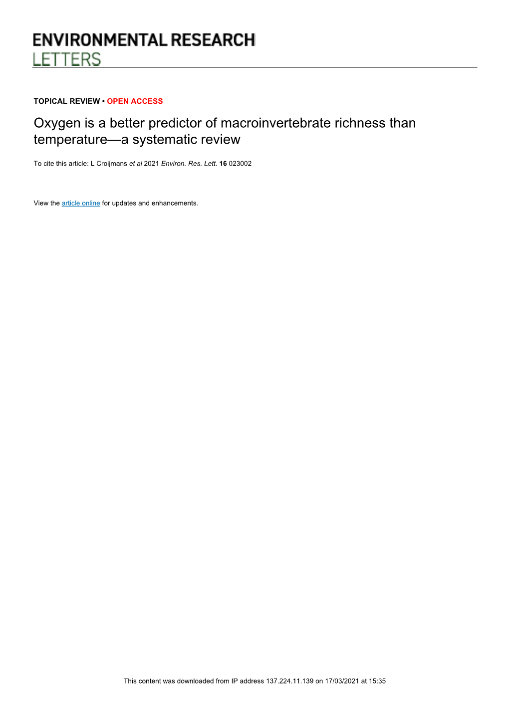 Oxygen Is a Better Predictor of Macroinvertebrate Richness Than Temperature—A Systematic Review