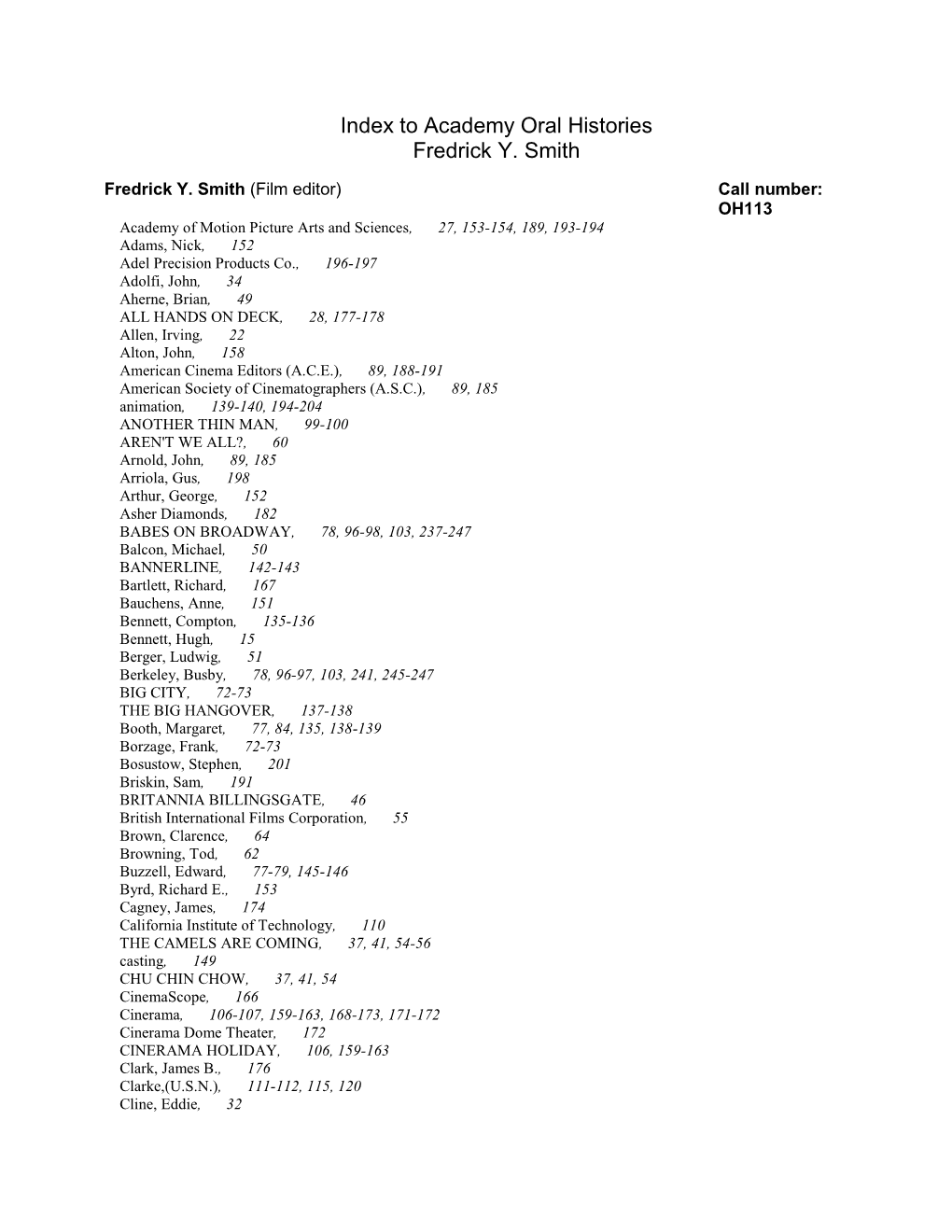 Index to Academy Oral Histories Fredrick Y. Smith