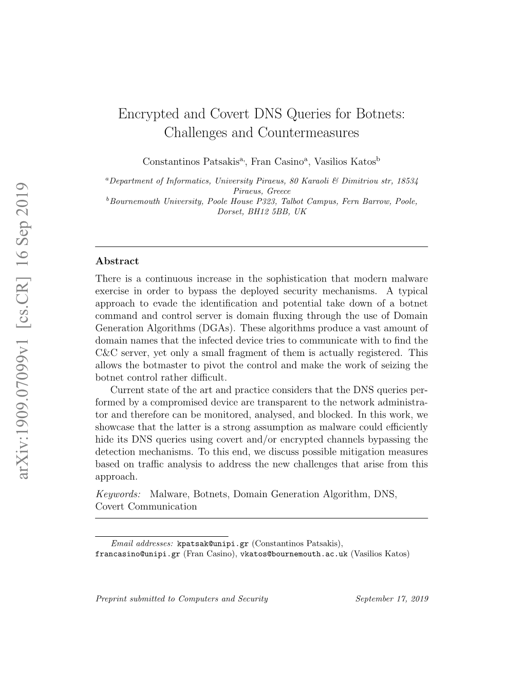 Encrypted and Covert DNS Queries for Botnets: Challenges and Countermeasures