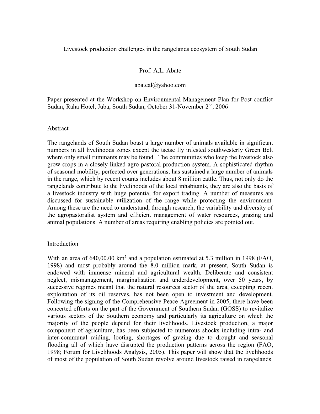 Livestock Production Challenges In The Rangelands Ecosystem Of South Sudan