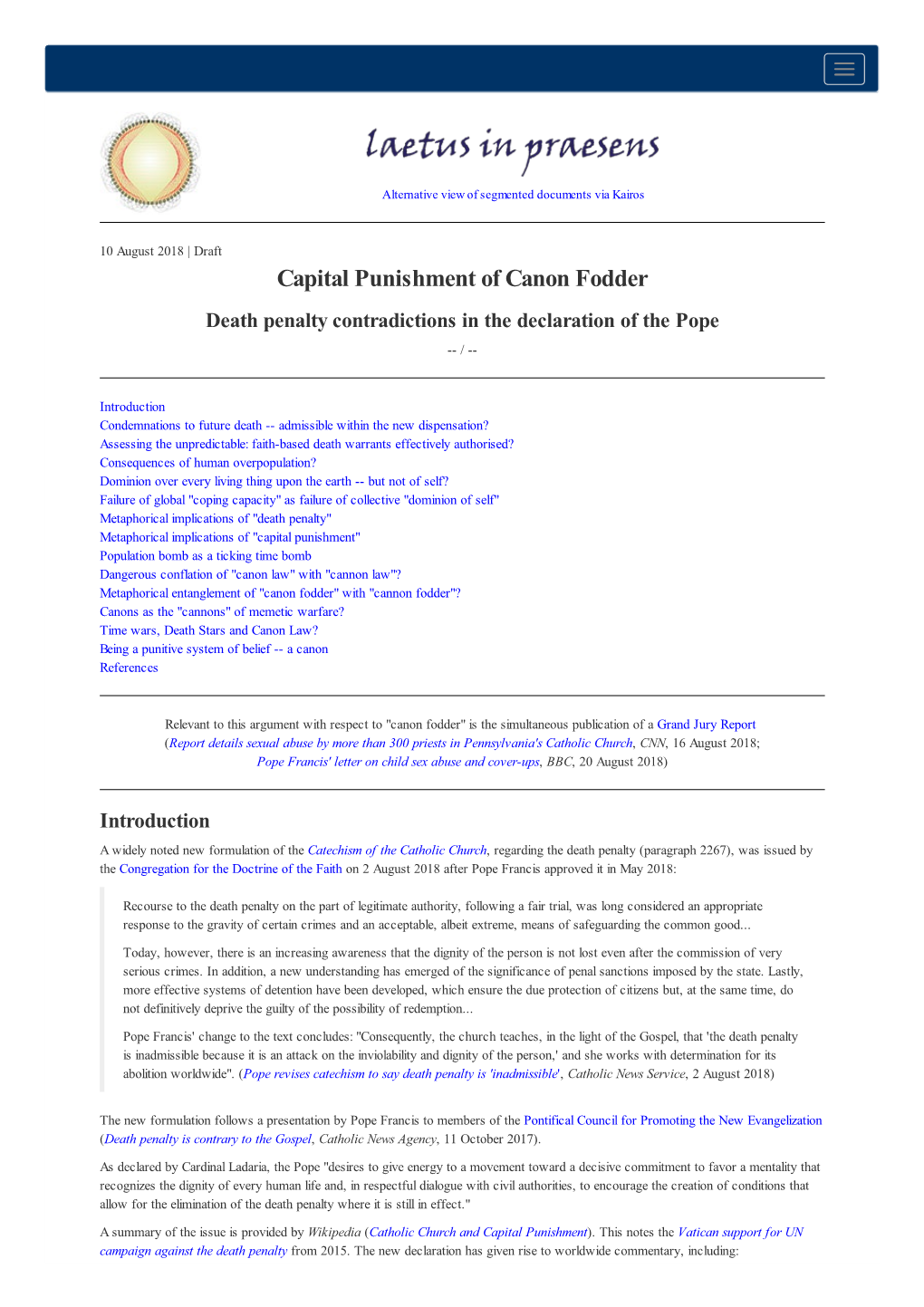 Capital Punishment of Canon Fodder Death Penalty Contradictions in the Declaration of the Pope -- /