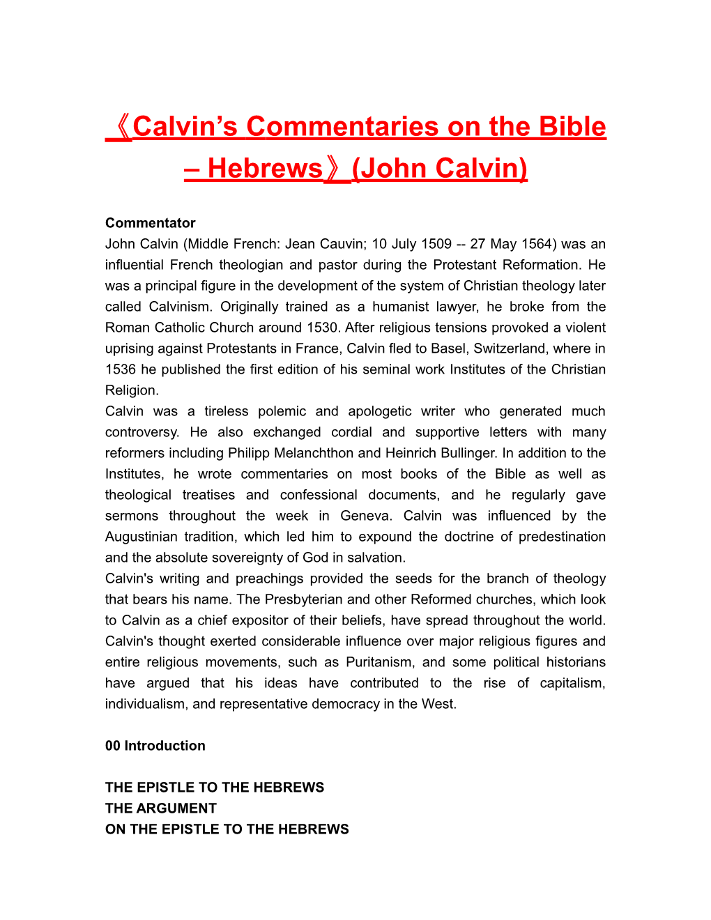 Calvin S Commentaries on the Bible Hebrews (John Calvin)