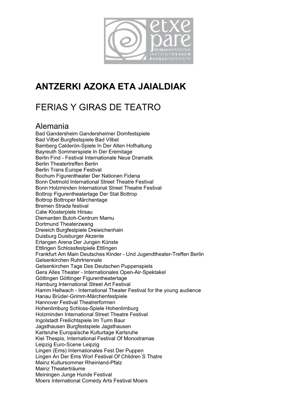 Antzerki Azoka Eta Jaialdiak Ferias Y Giras De Teatro