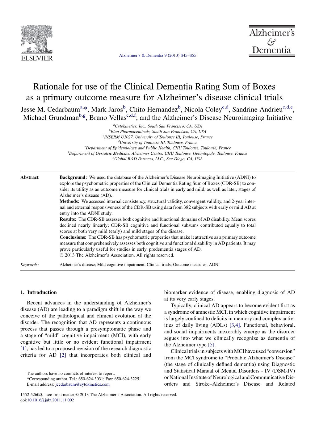 Rationale for Use of the Clinical Dementia Rating Sum of Boxes As a Primary Outcome Measure for Alzheimer’S Disease Clinical Trials Jesse M