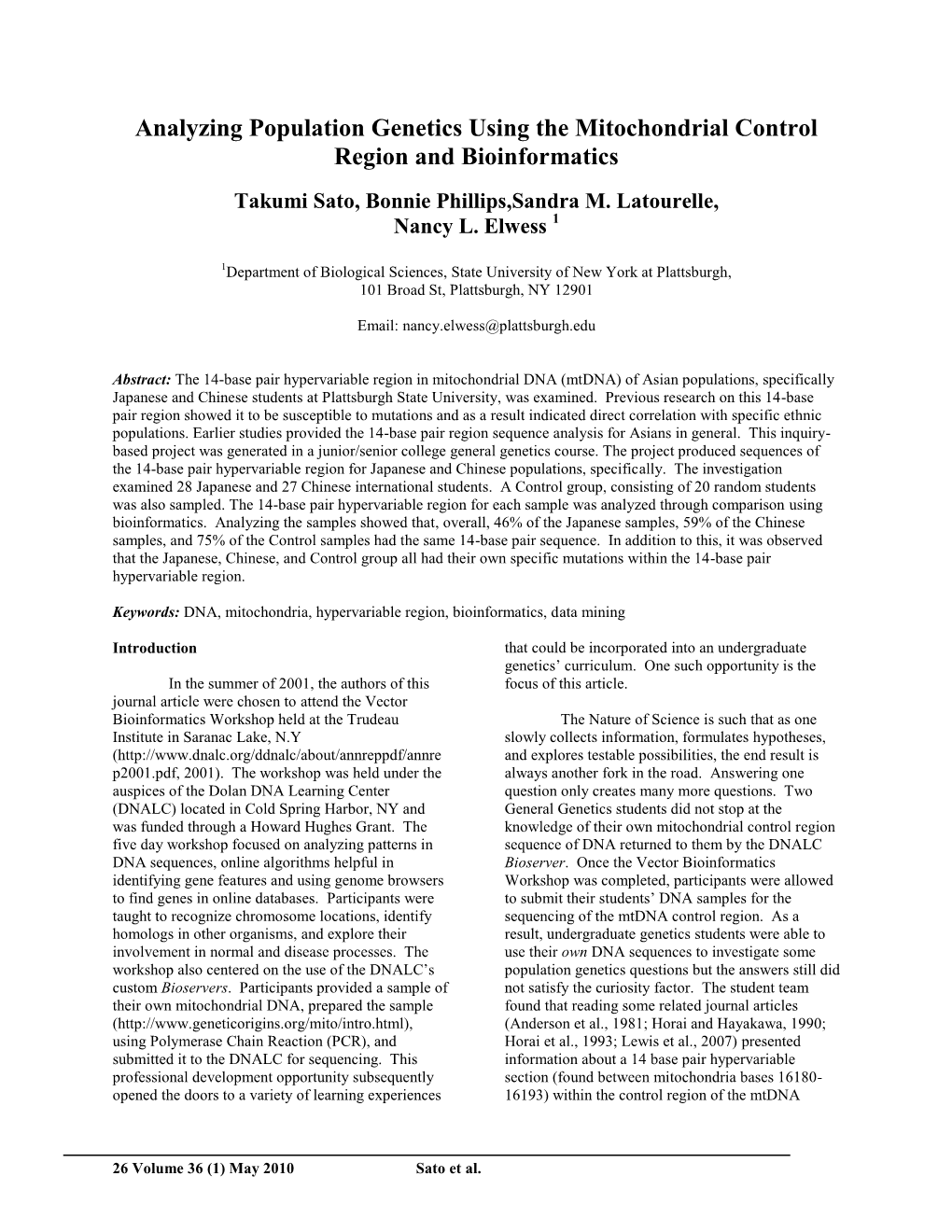 Analyzing Population Genetics Using the Mitochondrial Control Region and Bioinformatics