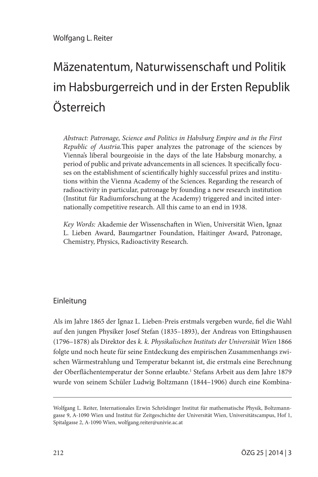 Mäzenatentum, Naturwissenschaft Und Politik Im Habsburgerreich Und in Der Ersten Republik Österreich