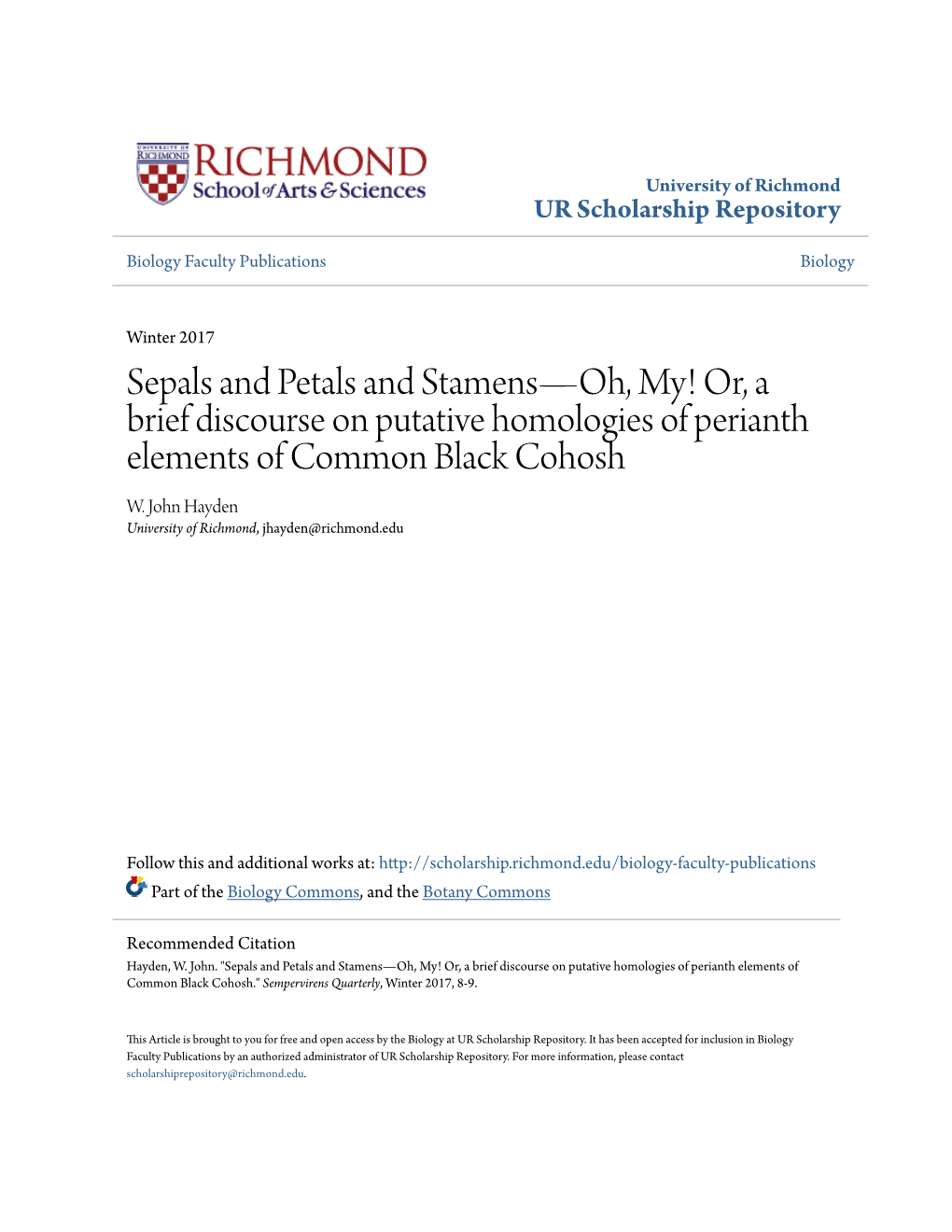 Sepals and Petals and Stamens—Oh, My! Or, a Brief Discourse on Putative Homologies of Perianth Elements of Common Black Cohosh W