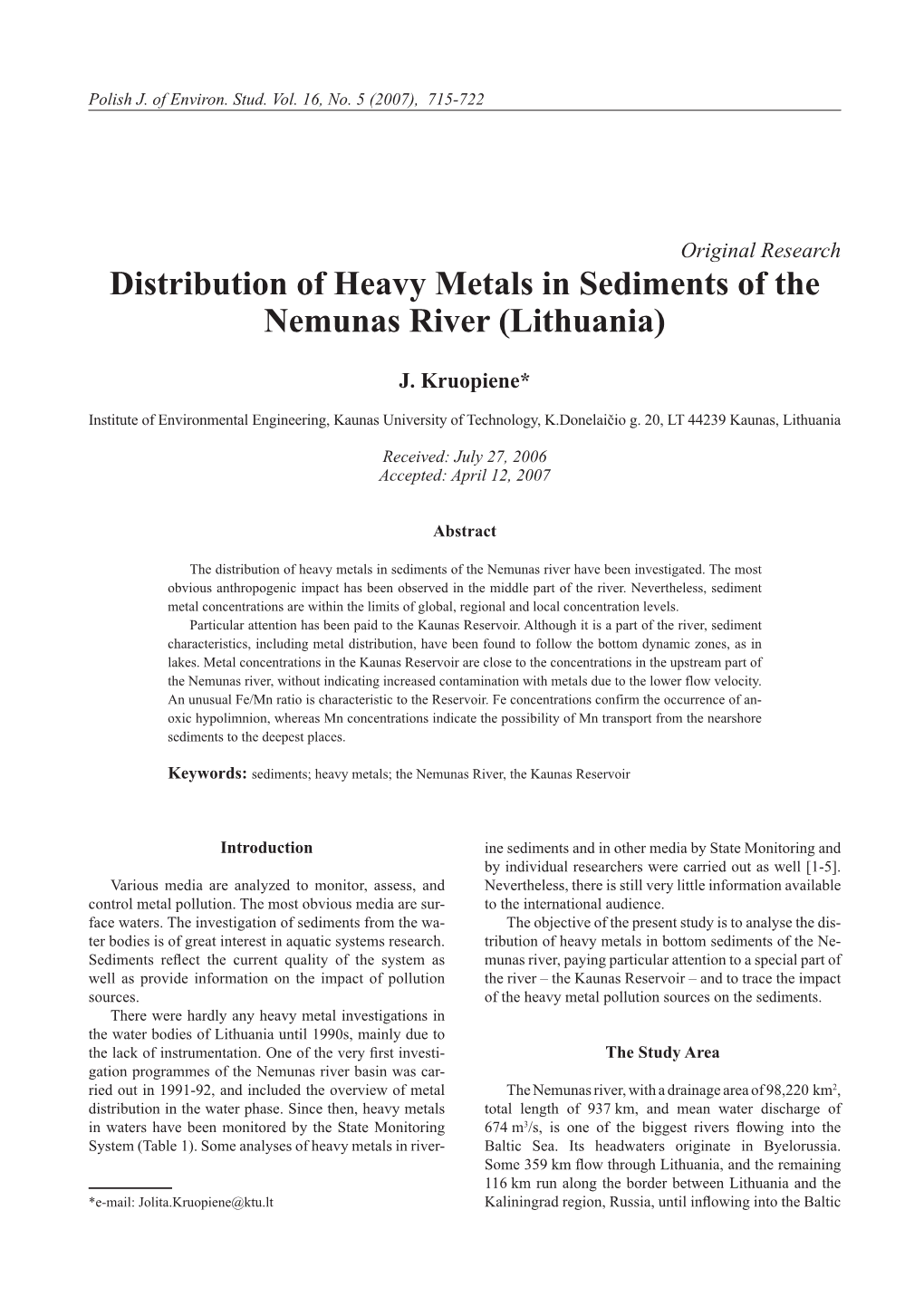 Distribution of Heavy Metals in Sediments of the Nemunas River (Lithuania)
