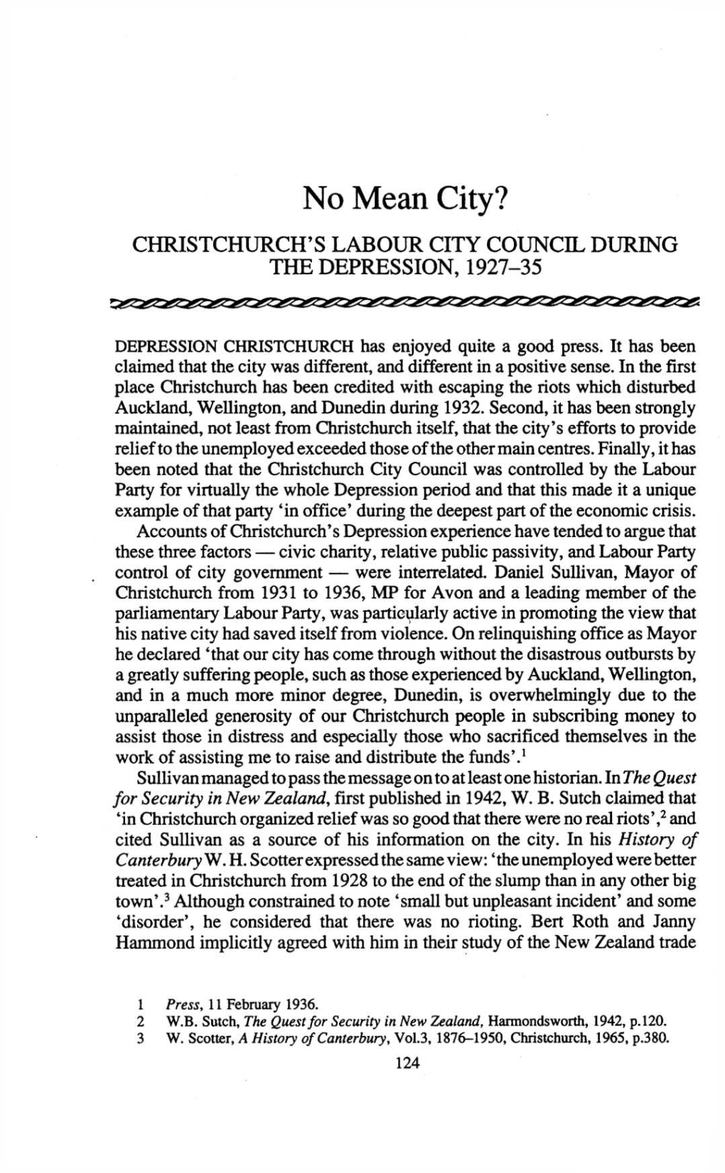 No Mean City? Christchurch's Labour City Council During the Depression, 1927-1935, by James Watson, P