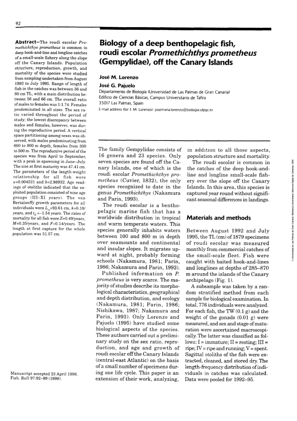 Biology of a Deep Benthopelagic Fish, Roudi Escolar Promethichthys Prometheus (Gempylidae), Off the Canary Islands