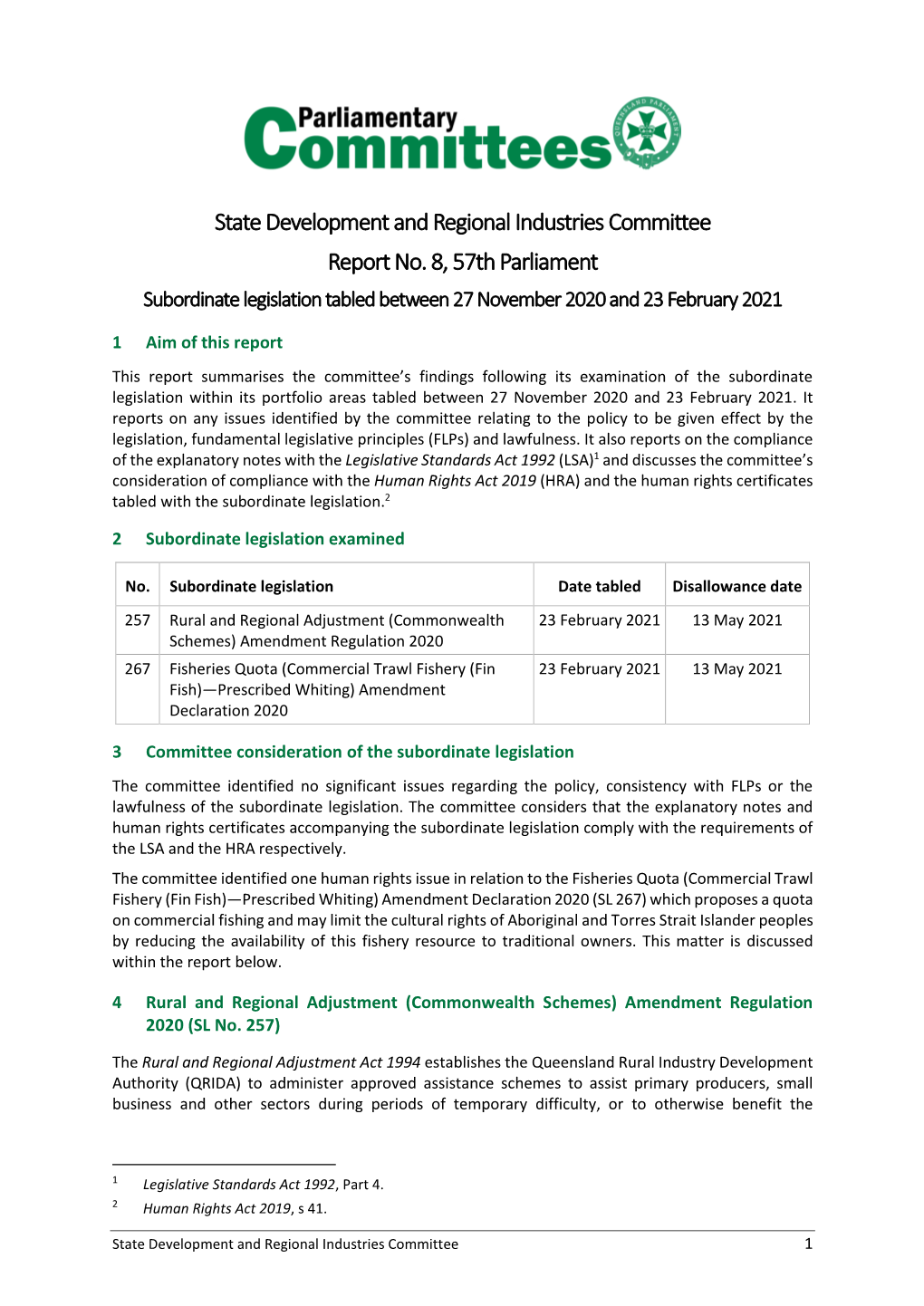 Report No. 8, 57Th Parliament Subordinate Legislation Tabled Between 27 November 2020 and 23 February 2021