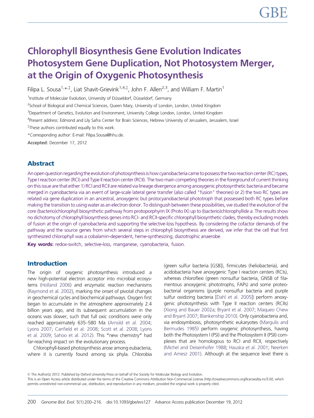 Chlorophyll Biosynthesis Gene Evolution Indicates Photosystem Gene Duplication, Not Photosystem Merger, at the Origin of Oxygenic Photosynthesis