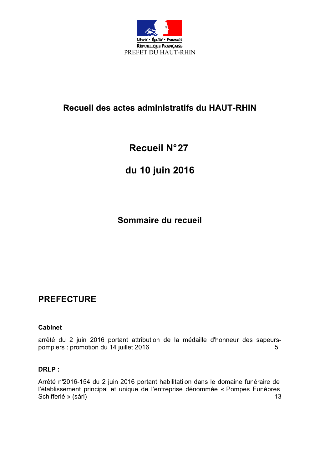 Recueil N° 27 Du 10 Juin 2016