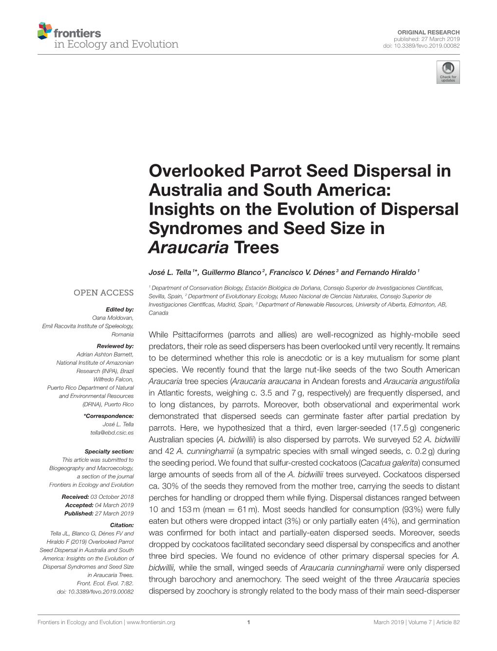 Overlooked Parrot Seed Dispersal in Australia and South America: Insights on the Evolution of Dispersal Syndromes and Seed Size in Araucaria Trees