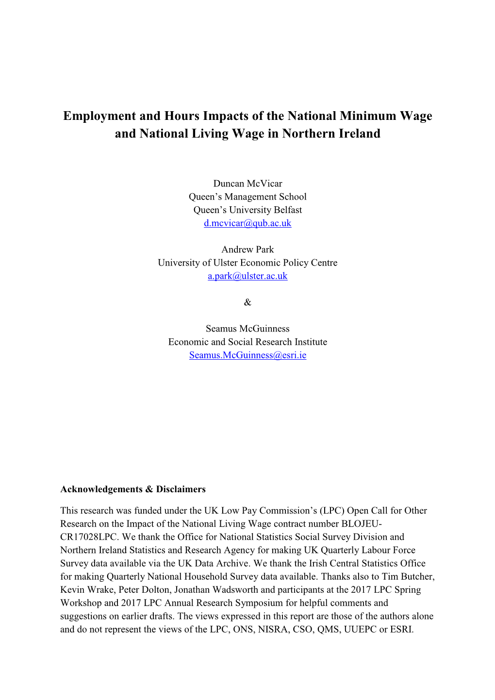 Employment and Hours Impacts of the National Minimum Wage and National Living Wage in Northern Ireland