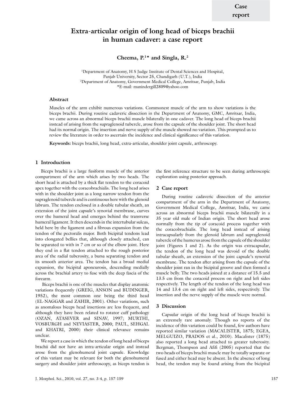 Extra-Articular Origin of Long Head of Biceps Brachii in Human Cadaver: a Case Report