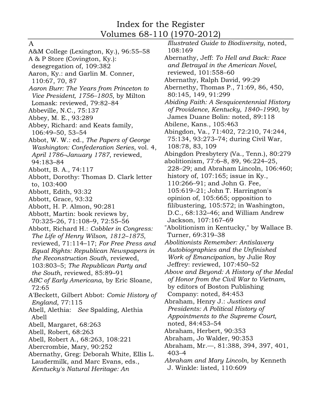 Index for the Register Volumes 68-110 (1970-2012)