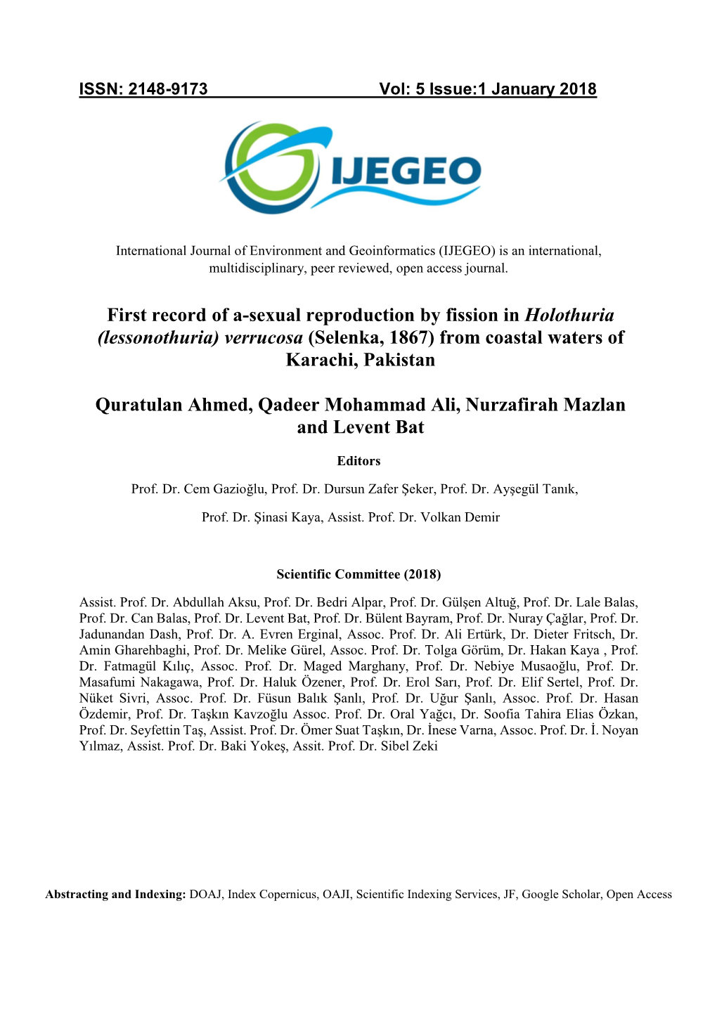 First Record of A-Sexual Reproduction by Fission in Holothuria (Lessonothuria) Verrucosa (Selenka, 1867) from Coastal Waters of Karachi, Pakistan