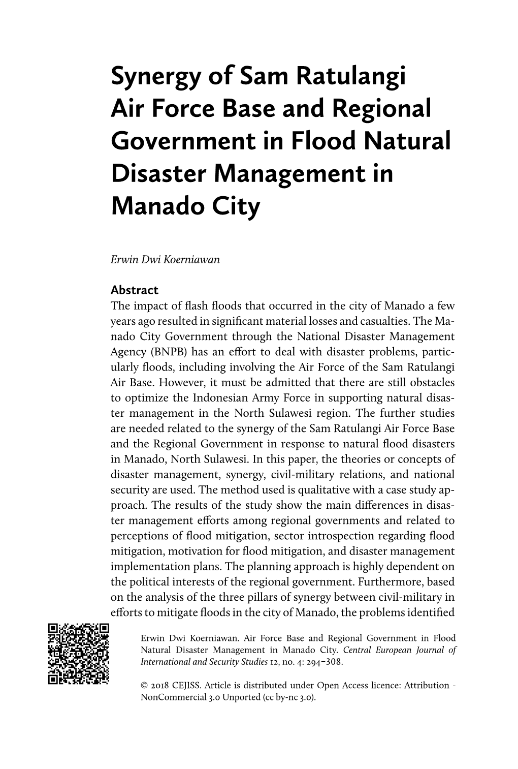 Synergy of Sam Ratulangi Air Force Base and Regional Government in Flood Natural Disaster Management in Manado City