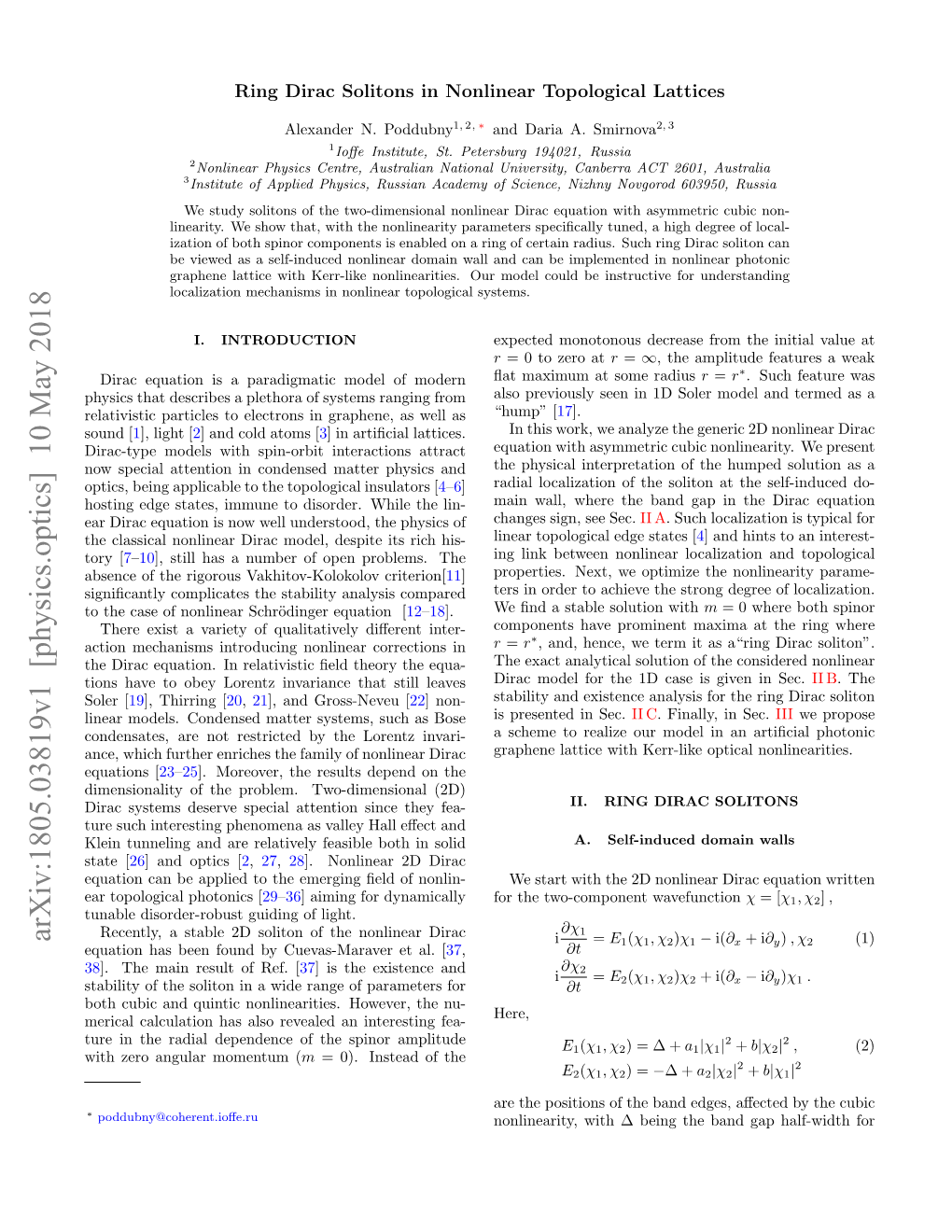 Arxiv:1805.03819V1 [Physics.Optics] 10 May 2018 I = E1(Χ1, Χ2)Χ1 − I(∂X + I∂Y) , Χ2 (1) Equation Has Been Found by Cuevas-Maraver Et Al