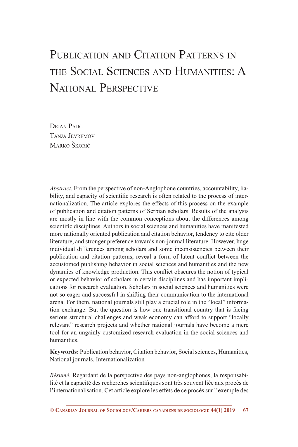 Publication and Citation Patterns in the Social Sciences and Humanities: a National Perspective
