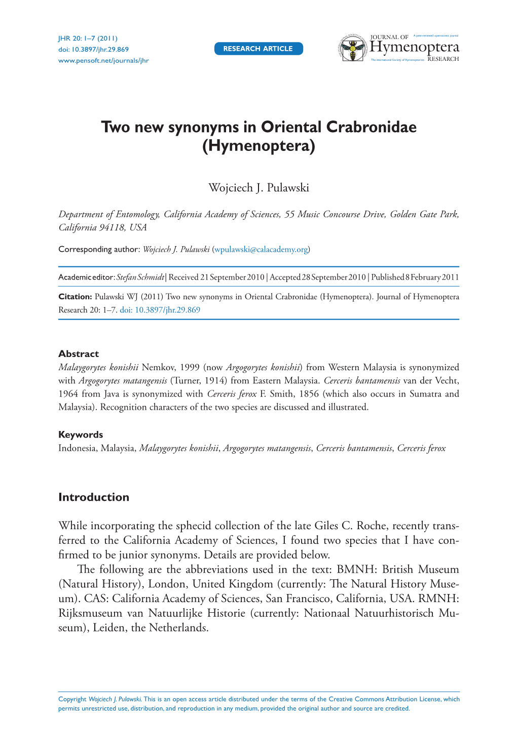 Hymenoptera) 1 Doi: 10.3897/Jhr.29.869 RESEARCH ARTICLE