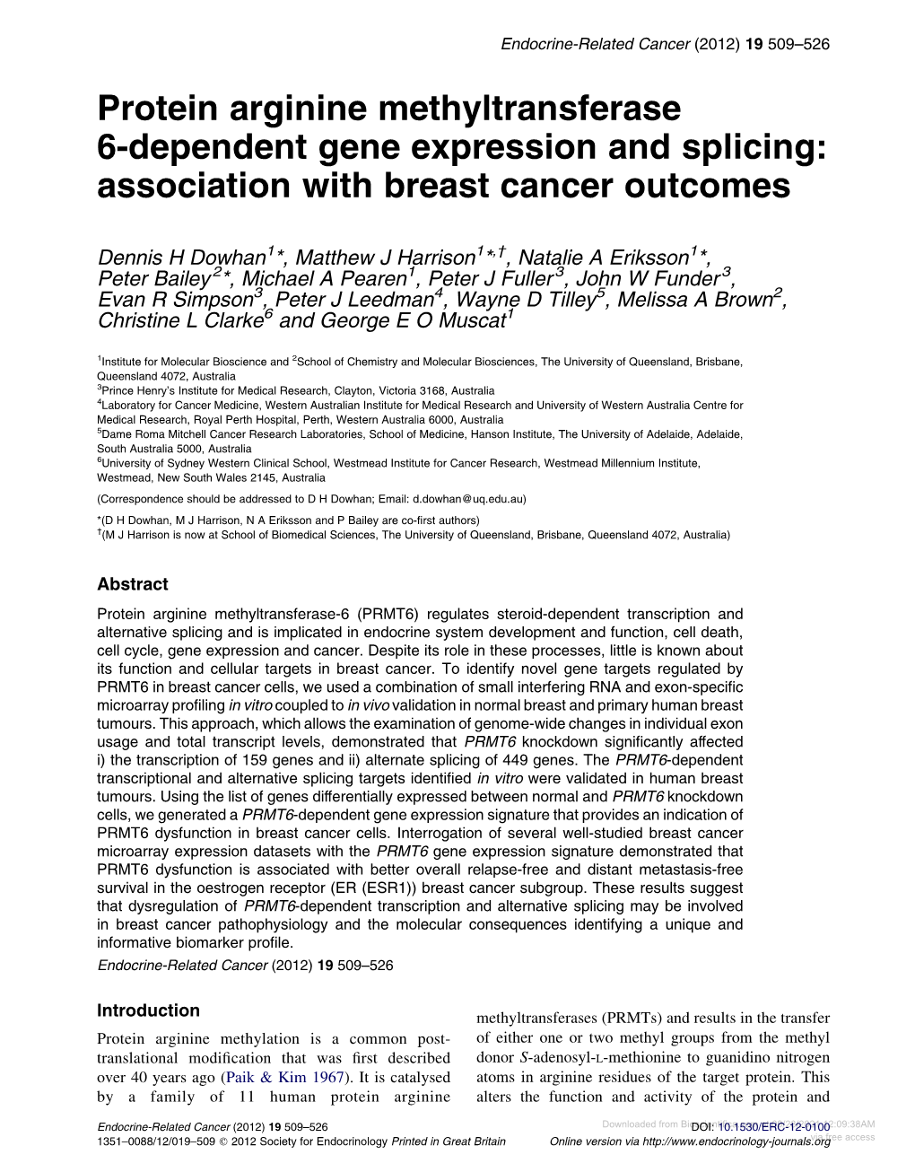 Protein Arginine Methyltransferase 6-Dependent Gene Expression and Splicing: Association with Breast Cancer Outcomes