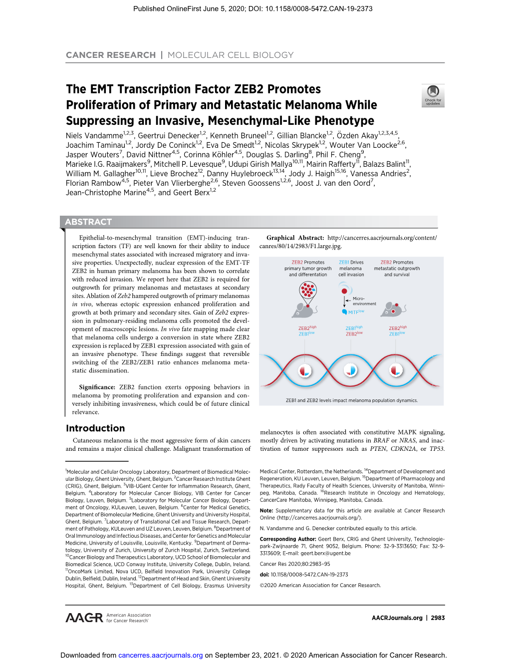 The EMT Transcription Factor ZEB2 Promotes Proliferation of Primary