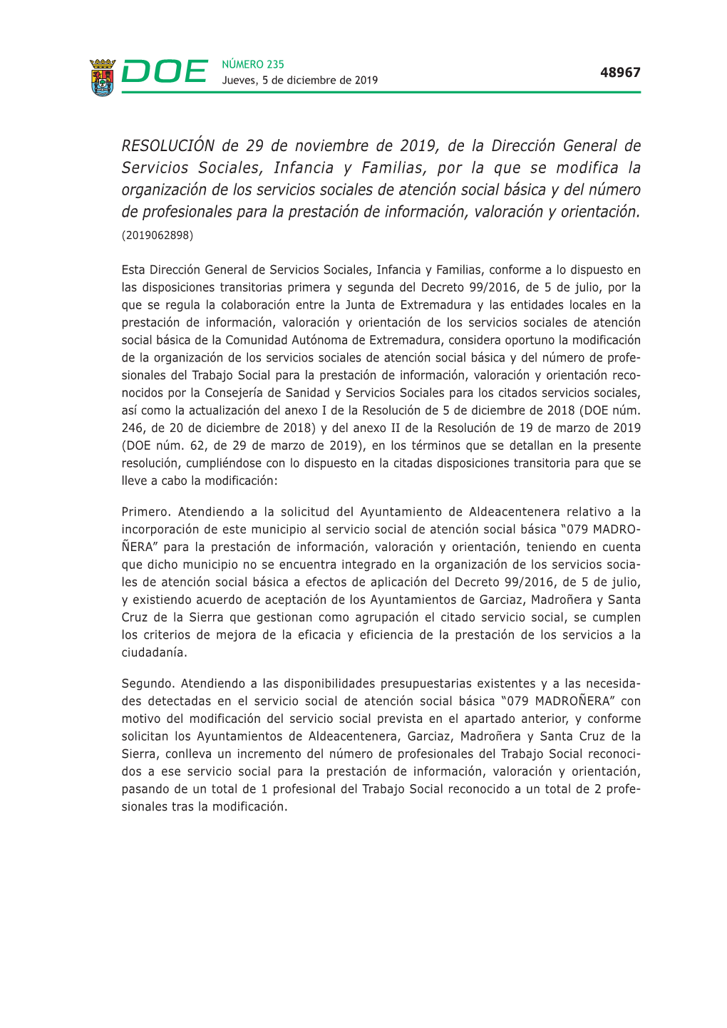 RESOLUCIÓN De 29 De Noviembre De 2019, De La Dirección General De