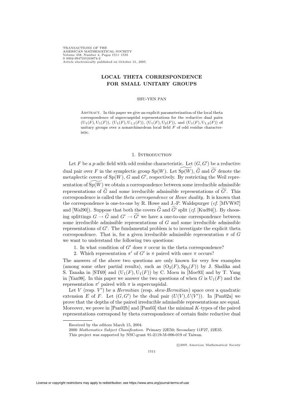 Local Theta Correspondence for Small Unitary Groups 1513