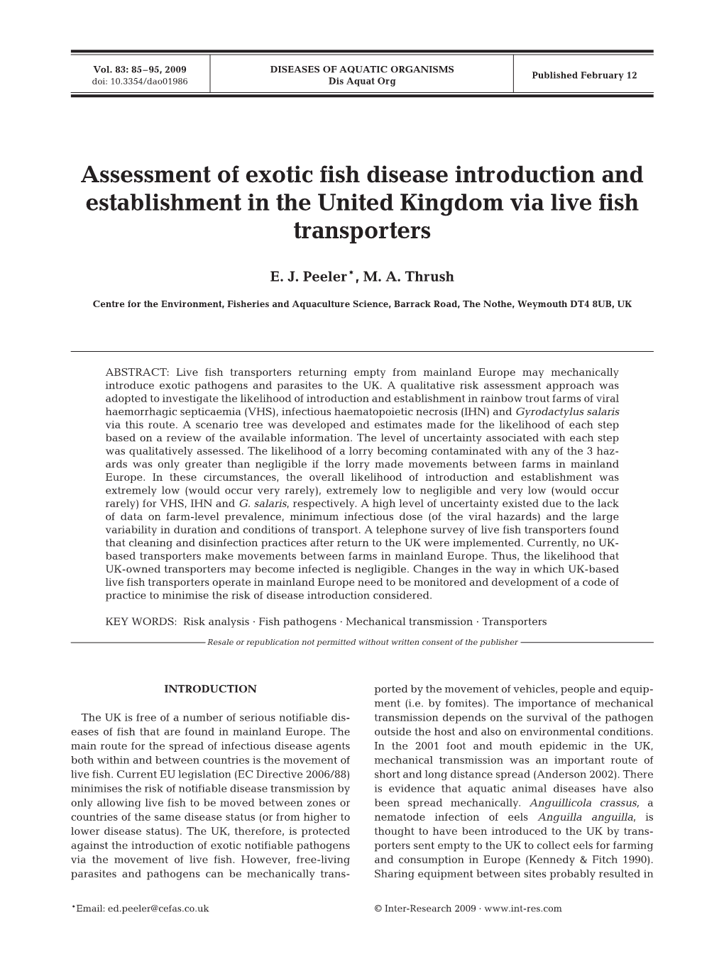 Assessment of Exotic Fish Disease Introduction and Establishment in the United Kingdom Via Live Fish Transporters