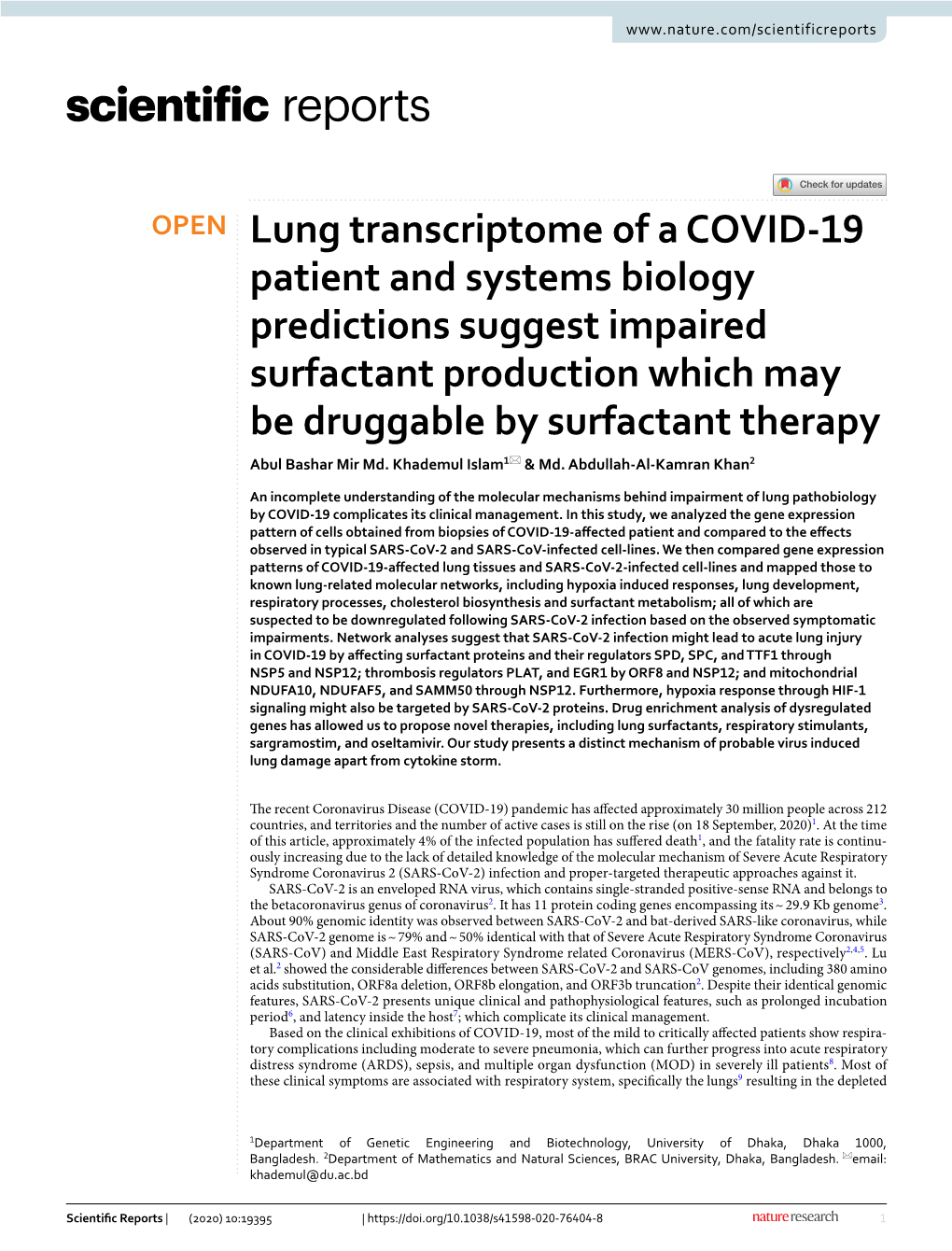 Lung Transcriptome of a COVID-19 Patient and Systems Biology