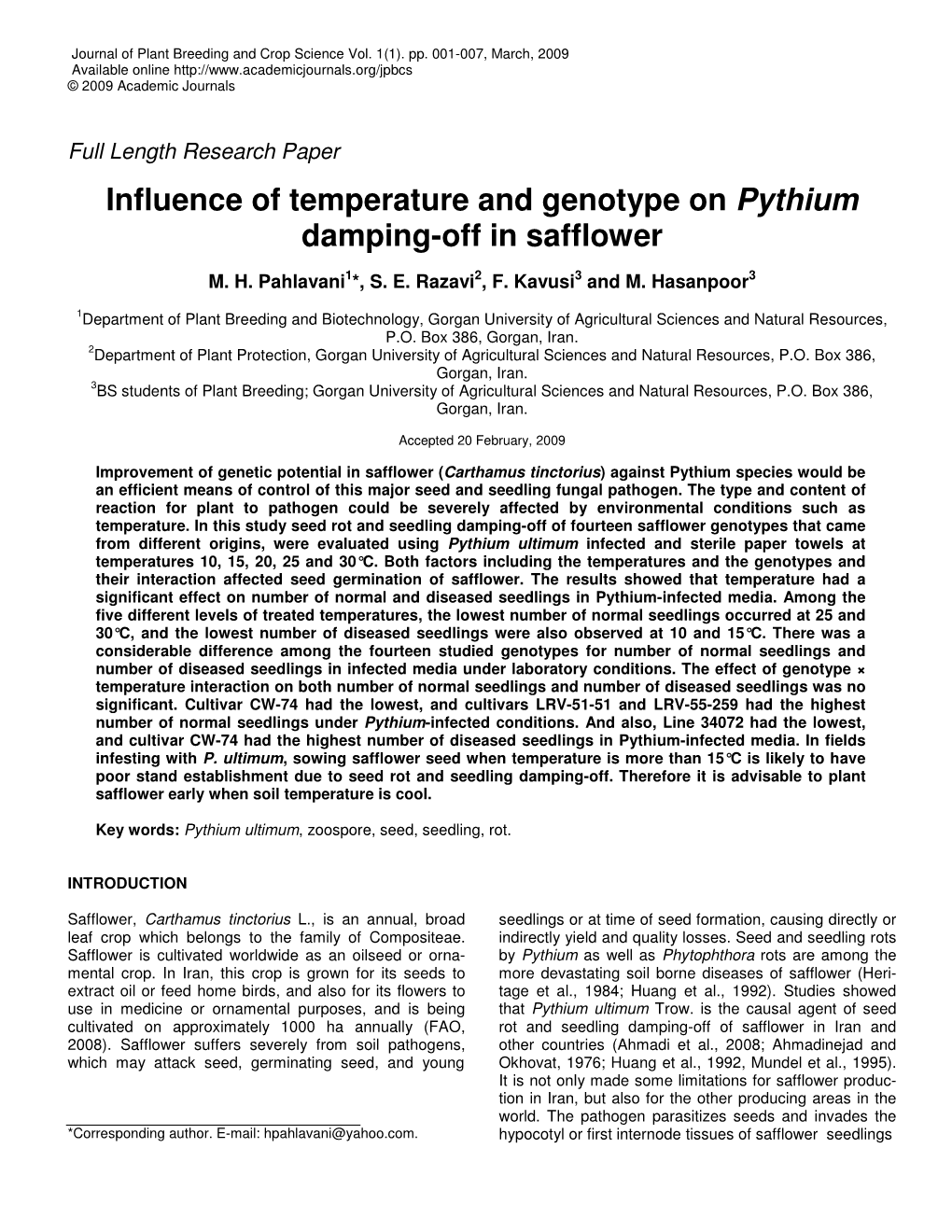 Influence of Temperature and Genotype on Pythium Damping-Off in Safflower