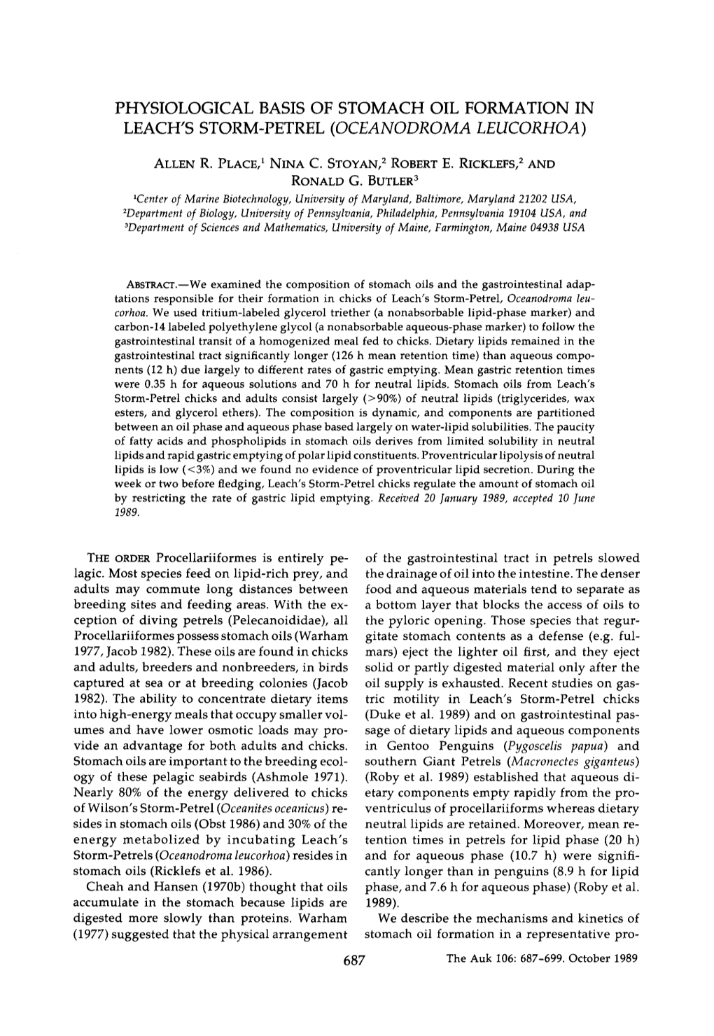 Physiological Basis of Stomach Oil Formation in Leach's Storm-Petrel (Oceanodroma Leucorhoa)