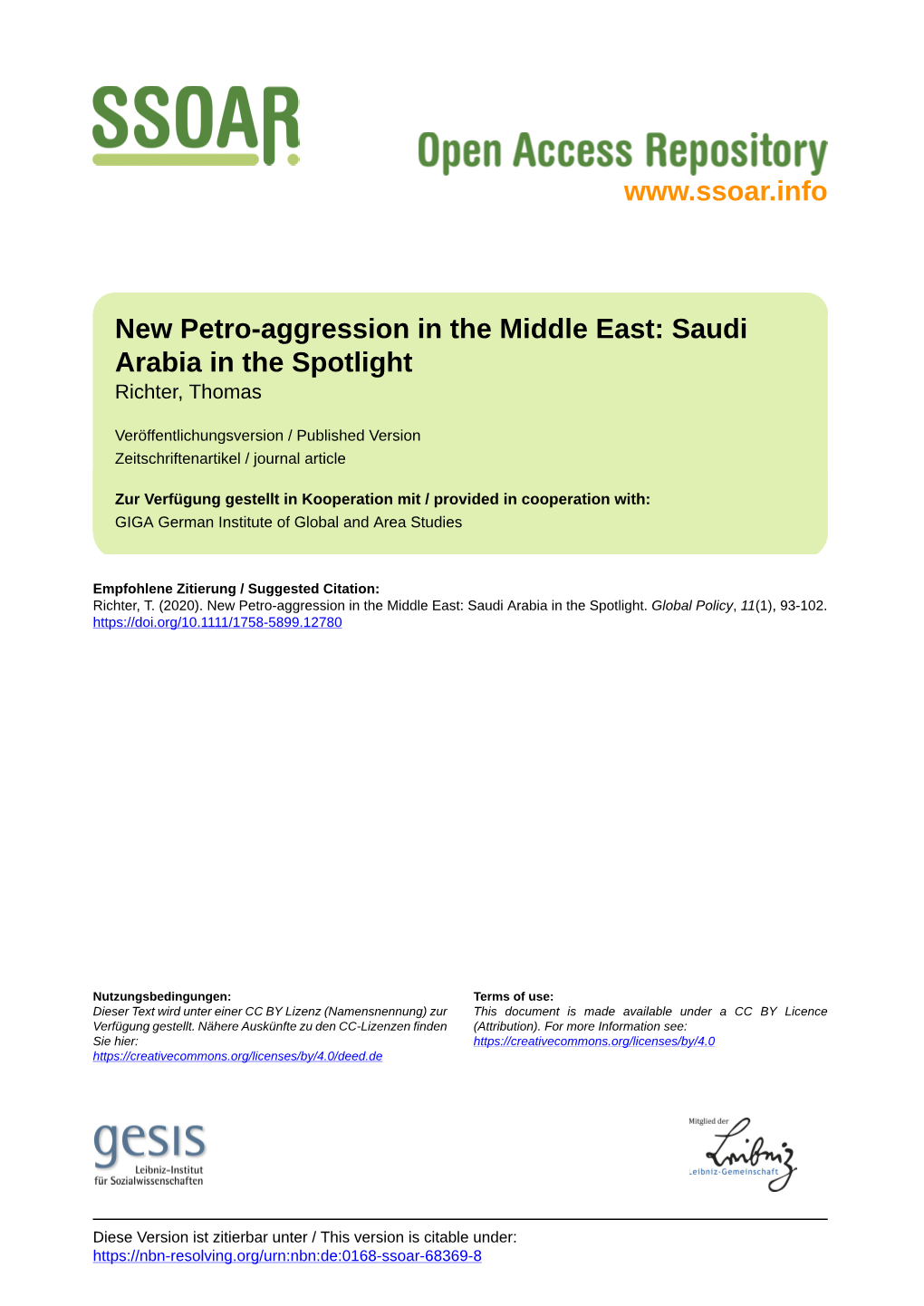 New Petro‐Aggression in the Middle East: Saudi Arabia in the Spotlight Richter, Thomas